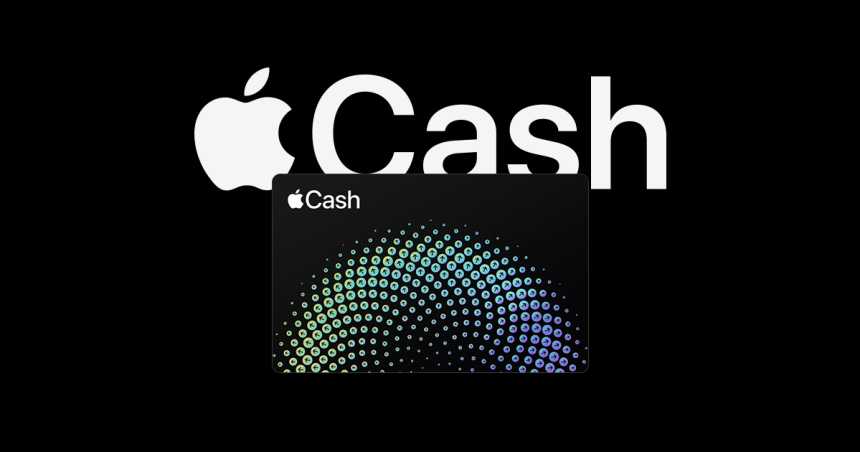 Apple Cash logo with a digital Apple Cash card on a black background.