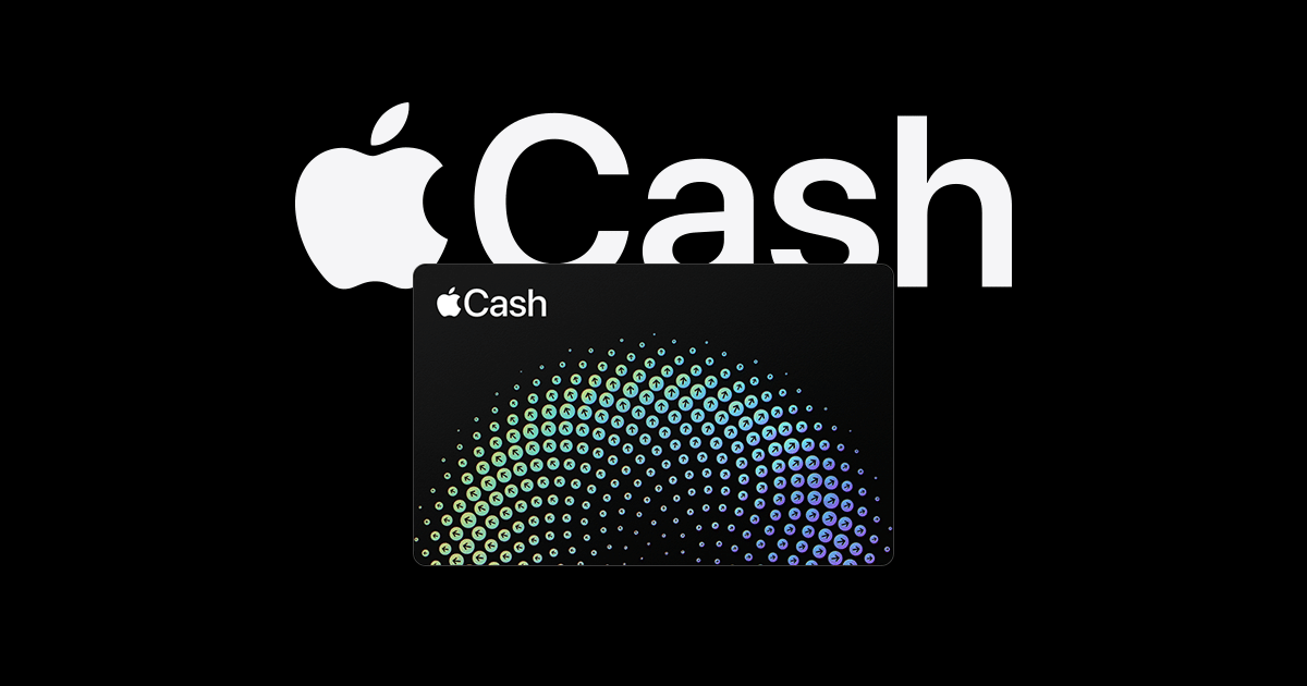 Apple Cash logo with a digital Apple Cash card on a black background.