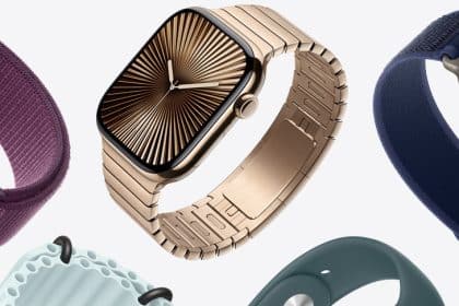 Different Apple Watch models displayed with various bands and designs.