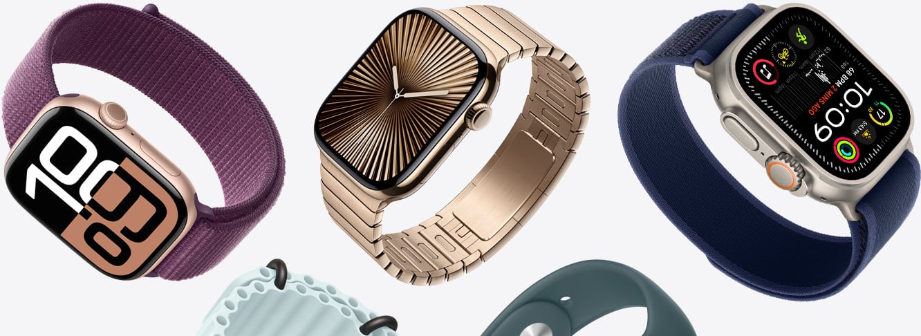 Different Apple Watch models displayed with various bands and designs.