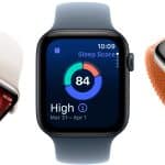 Apple Watch models showing heart rate, sleep score, and fitness activity screens.