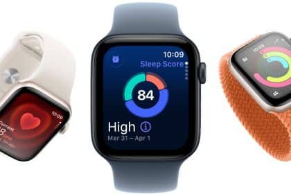 Apple Watch models showing heart rate, sleep score, and fitness activity screens.
