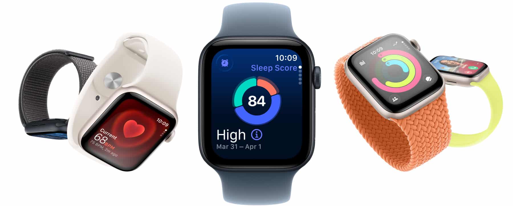 Apple Watch models showing heart rate, sleep score, and fitness activity screens.