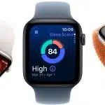Apple Watch SE 3 shown in multiple colours with fitness and sleep tracking screens.