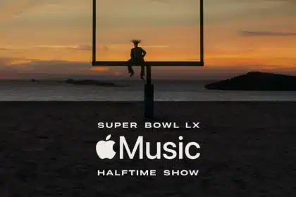 Bad Bunny in a Super Bowl LX Apple Music halftime show teaser at sunset.