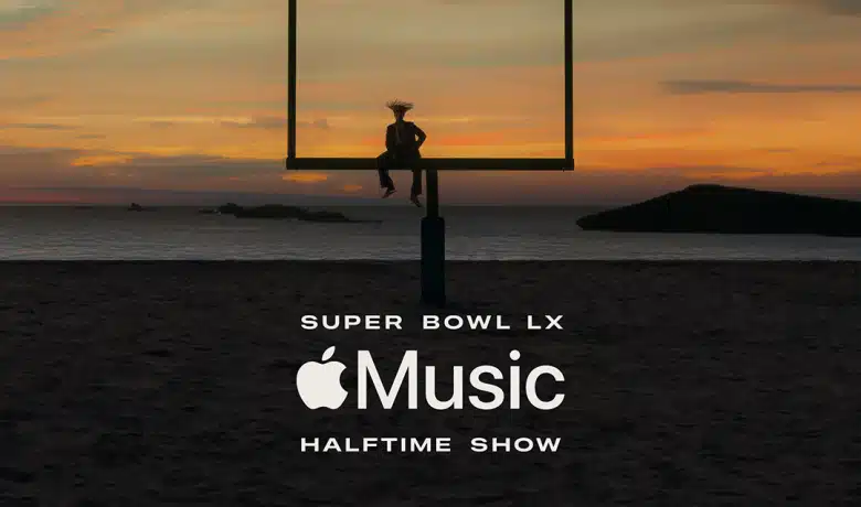 Bad Bunny in a Super Bowl LX Apple Music halftime show teaser at sunset.