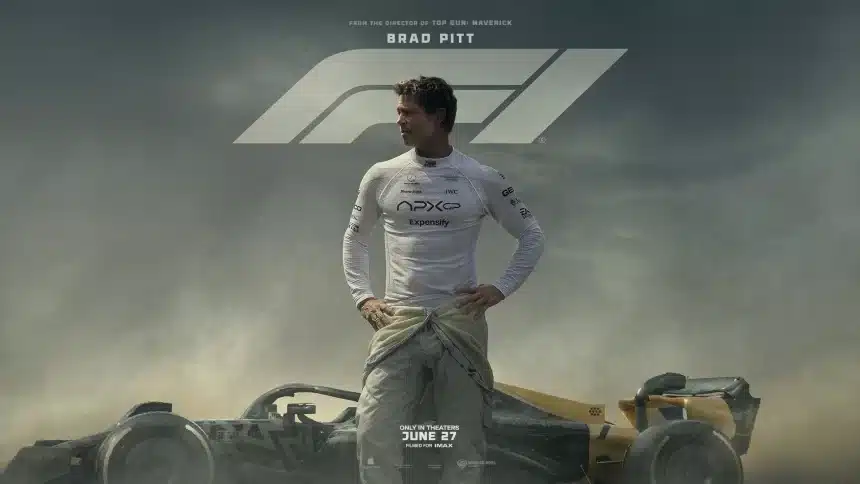 Brad Pitt standing beside a Formula 1 race car in an F1 movie poster.