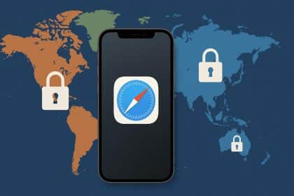 World map highlighting data privacy symbols and iOS devices to represent digital privacy regions
