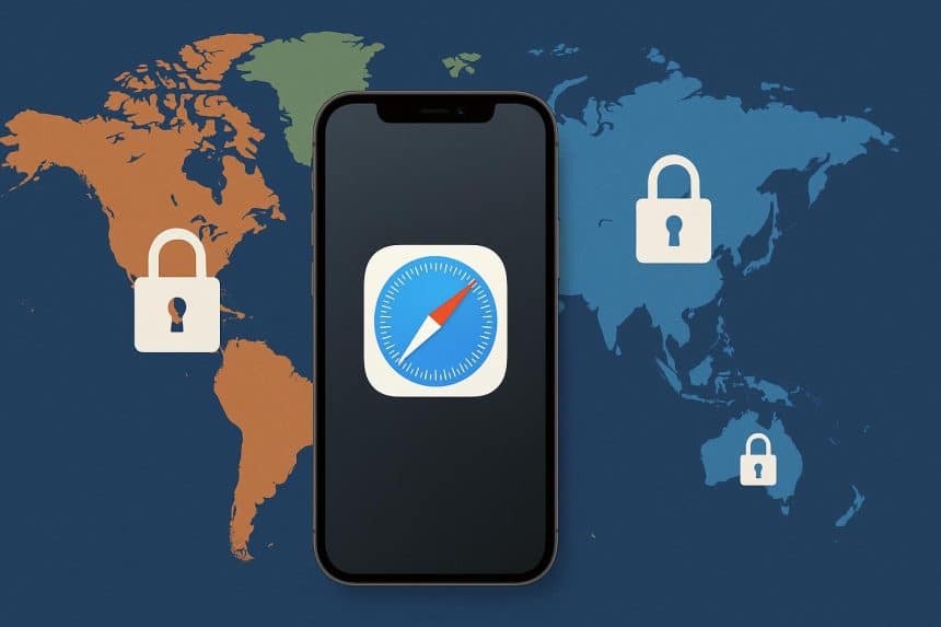 World map highlighting data privacy symbols and iOS devices to represent digital privacy regions