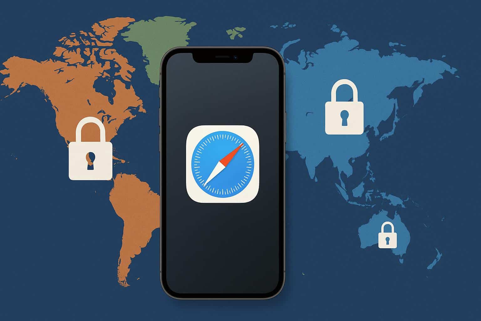 World map highlighting data privacy symbols and iOS devices to represent digital privacy regions