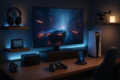 Modern man-cave setup with high-tech gadgets, smart lighting, and entertainment electronics