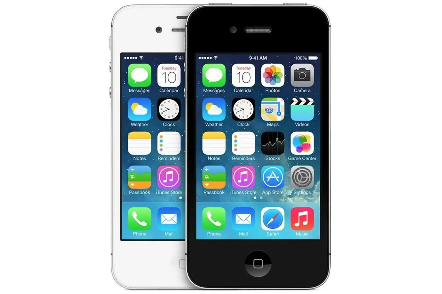 Two iPhone 4 devices showing the classic iOS home screen.
