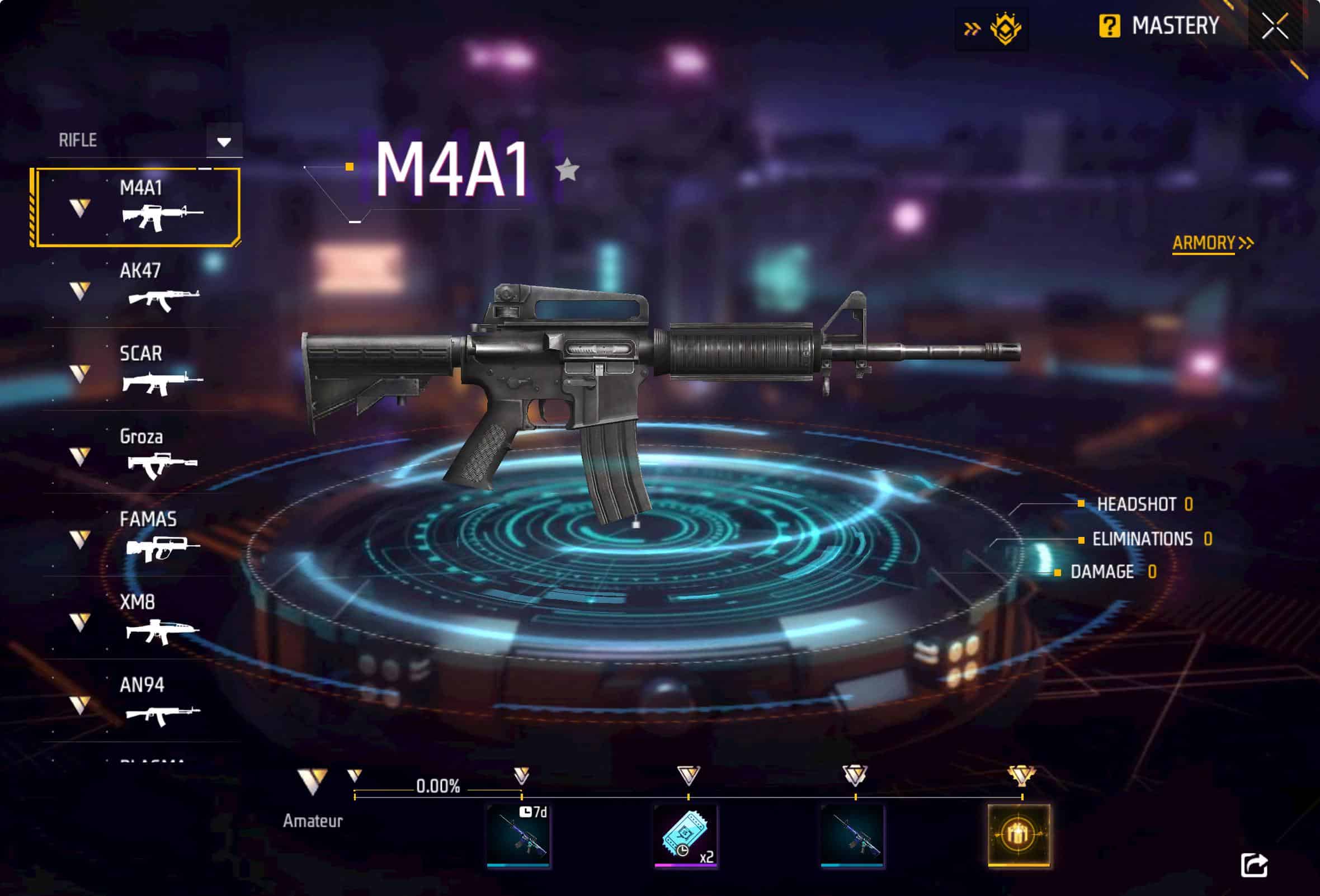 In-game Free Fire weapons menu showcasing M4A1 as a reliable assault rifle