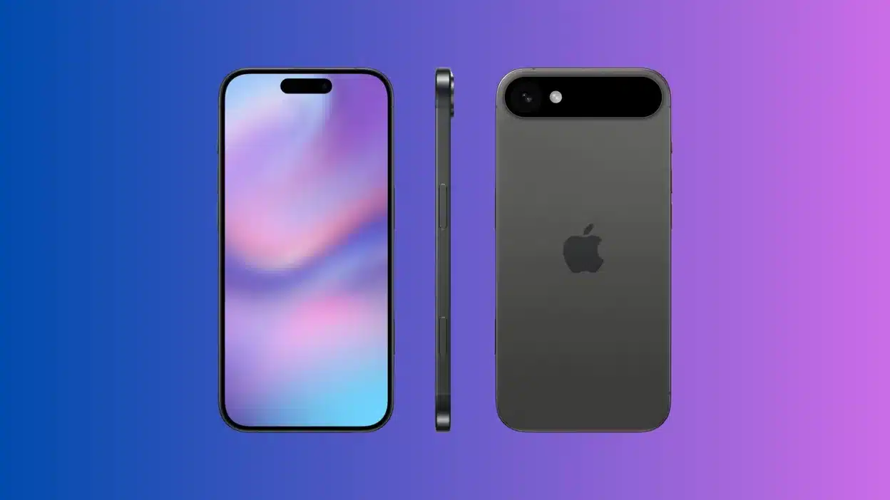 Front, side, and back views of the iPhone 17 on a colourful background.