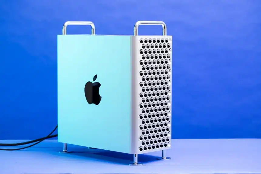 Apple Mac Pro desktop computer shown against a blue background.