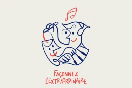 Illustrated logo with smiling faces, music notes, and French text reading “Façonnez l’extraordinaire.”