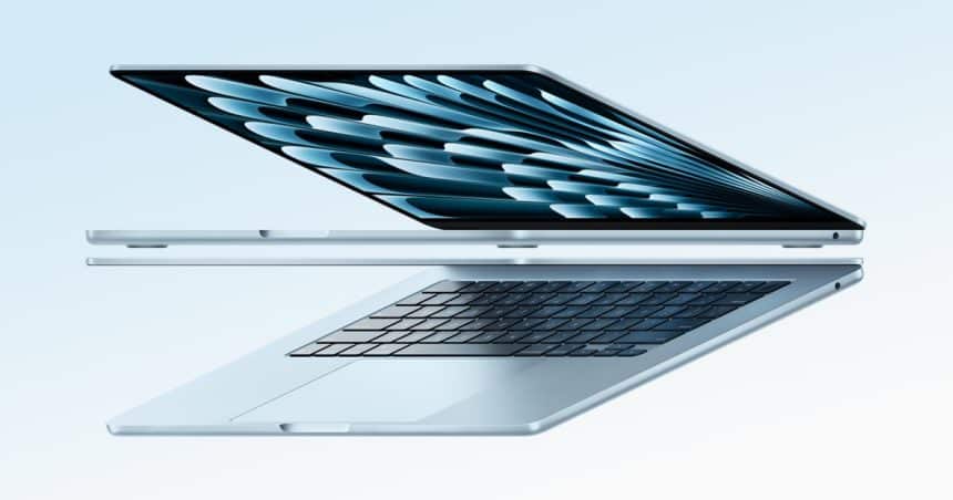 Side view of a slim light blue MacBook Air with the lid partially open, showing its thin design and keyboard.