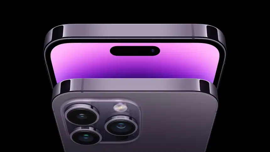 Close-up of an iPhone with triple rear cameras and a purple display.