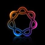Colourful glowing abstract AI-style logo on a black background.