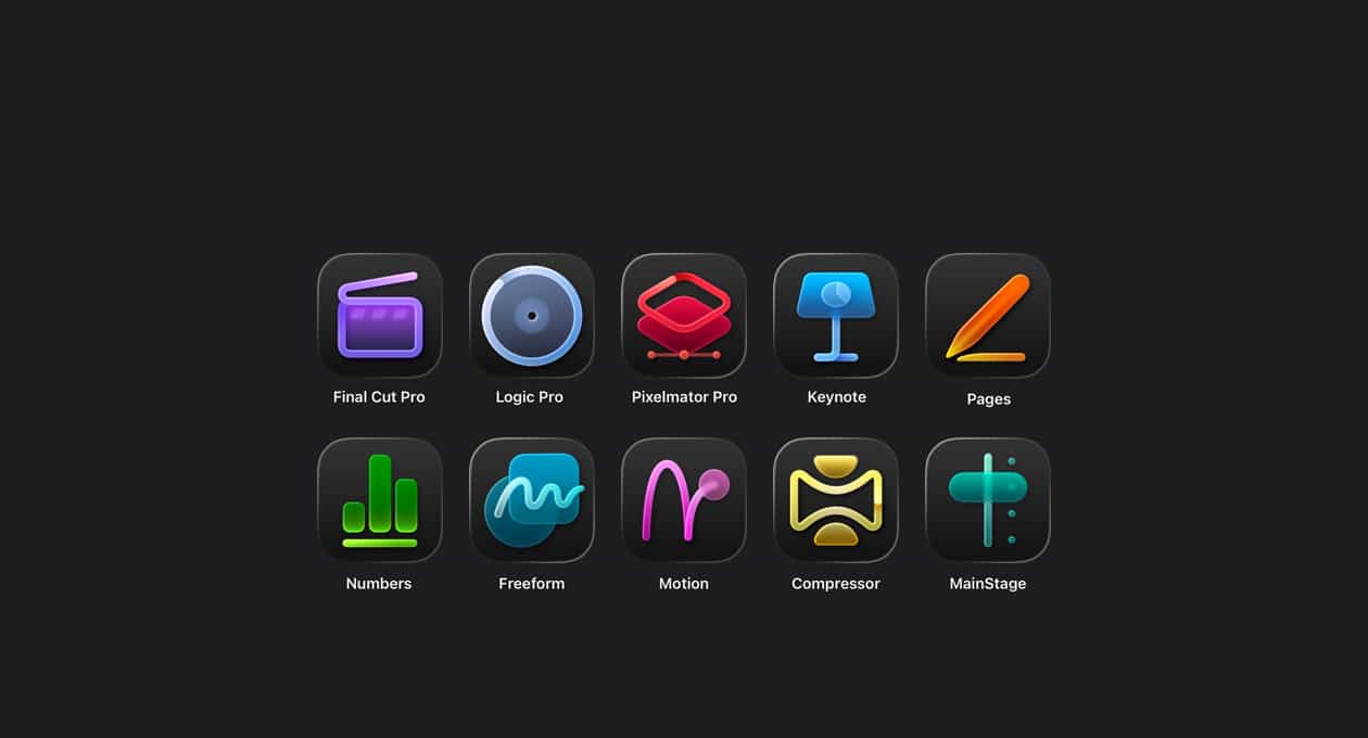Apple Creator Studio app icons displayed on a dark background.
