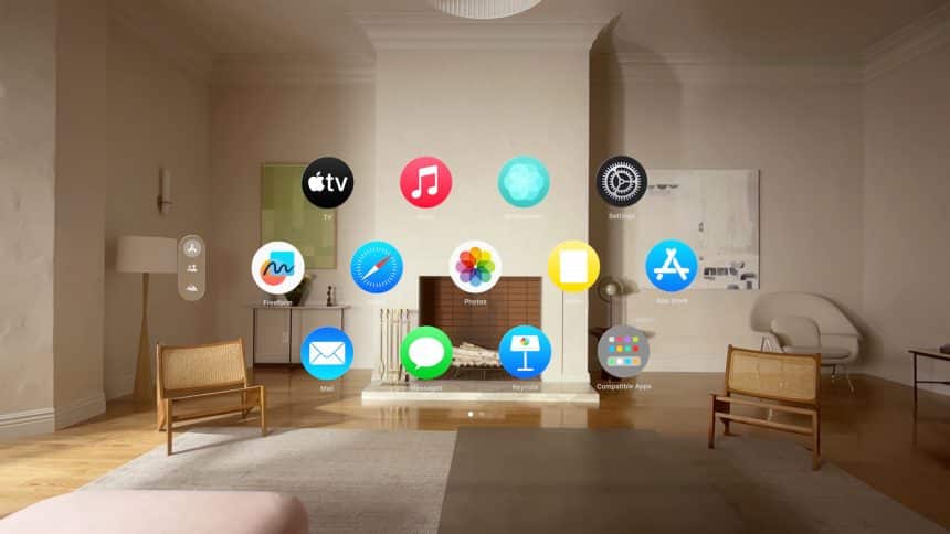 Apple Vision Pro home screen with floating app icons displayed in a living room scene.