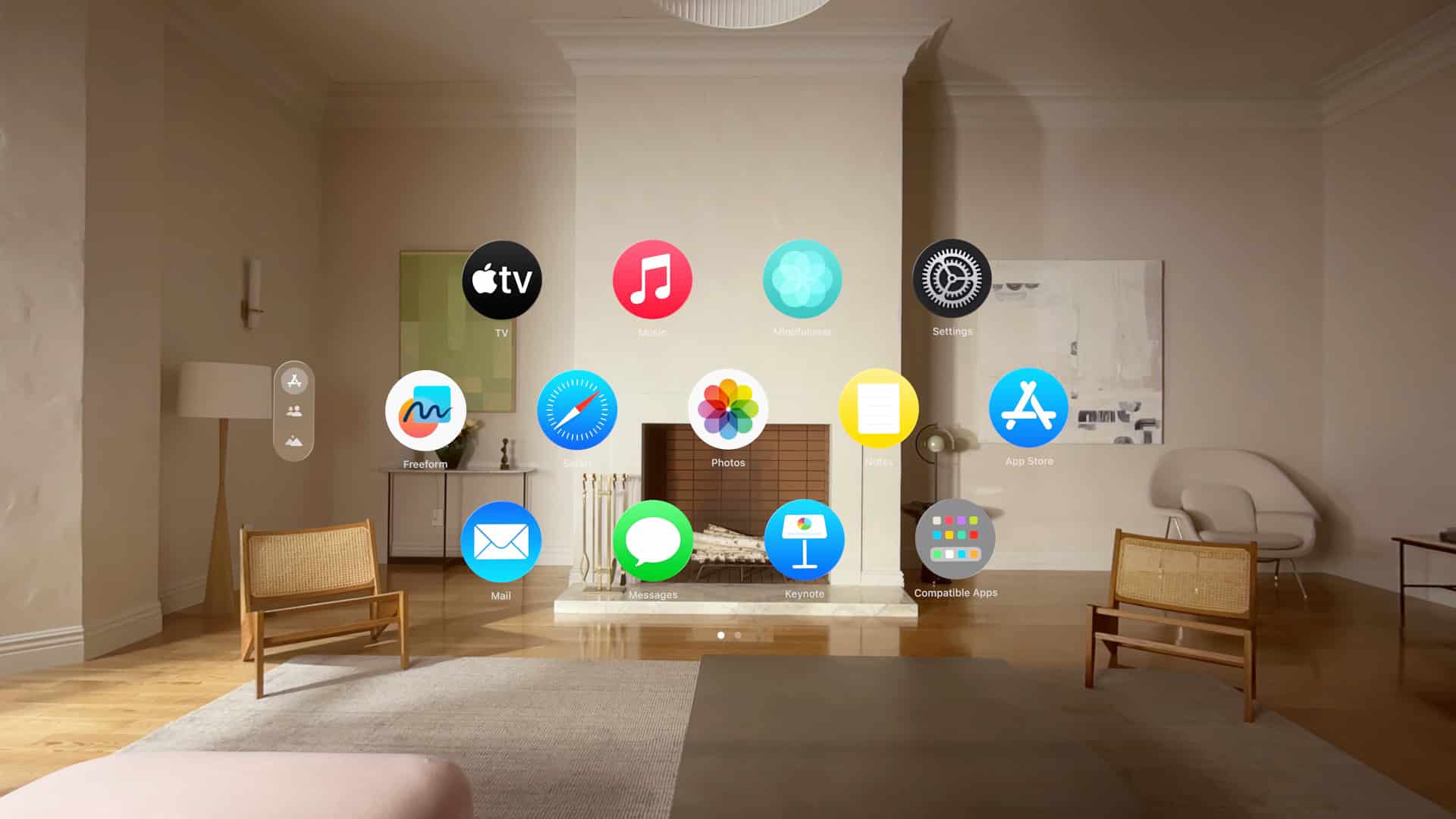 Apple Vision Pro home screen with floating app icons displayed in a living room scene.