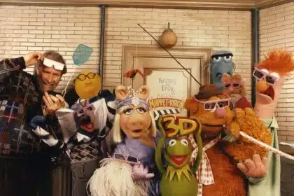 Muppet characters wearing 3D glasses posing for Muppet*Vision 3D promotion.