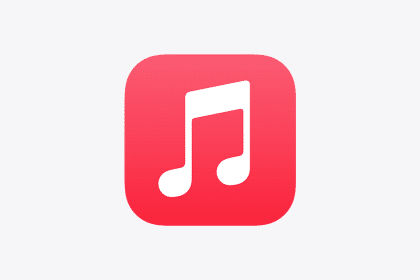 Apple Music app icon with white music note on red background.
