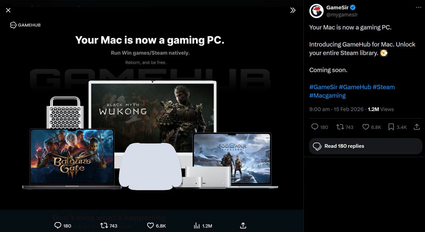 GameHub ad claiming Macs can run Windows Steam games natively.