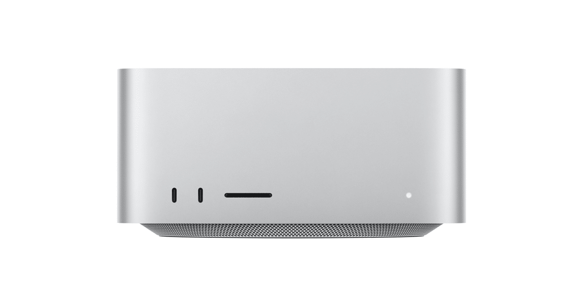 Silver Mac Studio desktop computer viewed from the front.