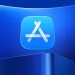 Apple App Store icon on a blue gradient background.