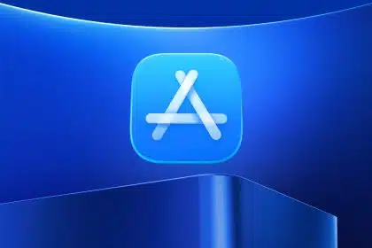 Apple App Store icon on a blue gradient background.