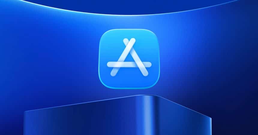 Apple App Store icon on a blue gradient background.