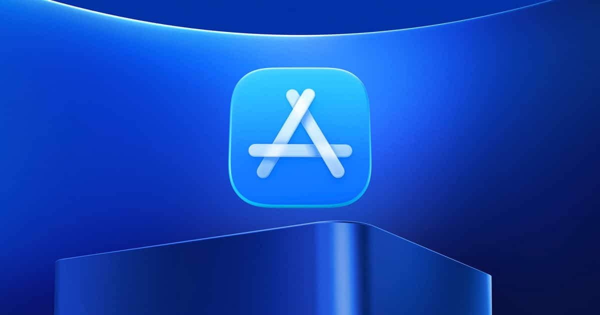 Apple App Store icon on a blue gradient background.