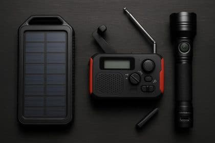 Portable power bank, emergency radio, and LED flashlight essential for emergency preparedness