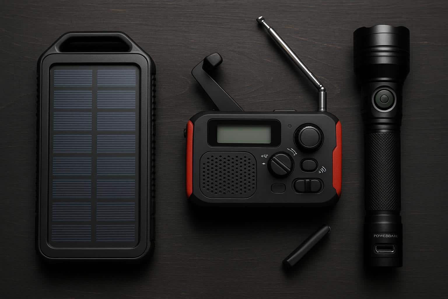 Portable power bank, emergency radio, and LED flashlight essential for emergency preparedness