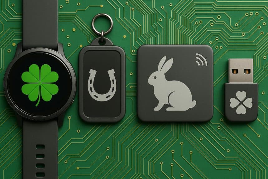 Futuristic lucky charms with technology-inspired designs promoting good fortune and innovation