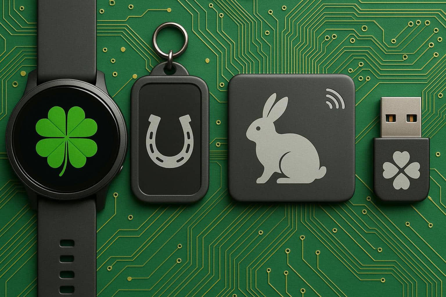 Futuristic lucky charms with technology-inspired designs promoting good fortune and innovation