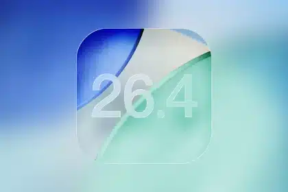 iOS 26.4 update graphic with blue and green background.