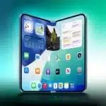 Foldable iPhone concept opened flat, showing large inner display with apps and widgets.