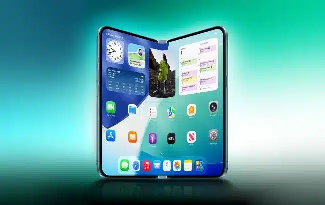 Foldable iPhone concept opened flat, showing large inner display with apps and widgets.