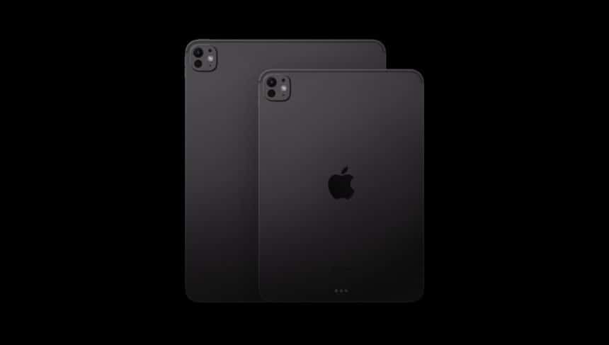 Two dark gray Apple iPad Pro tablets shown from the back against a black background.