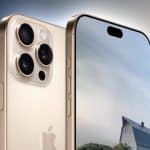 Gold iPhone 17 Pro showing rear cameras and front display.