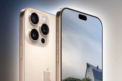 Gold iPhone 17 Pro showing rear cameras and front display.