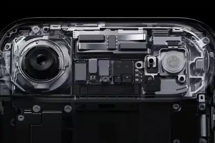 Close-up of a transparent iPhone Air showing internal components and camera module.