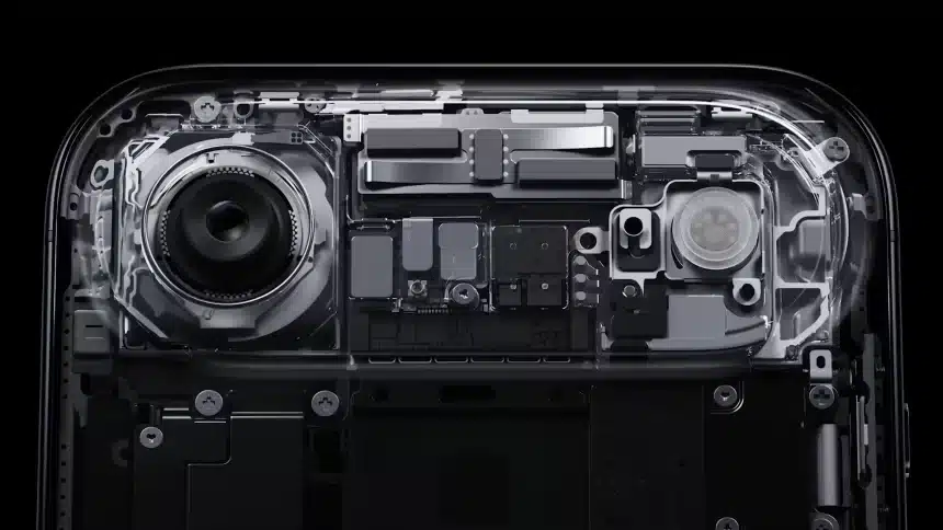 Close-up of a transparent iPhone Air showing internal components and camera module.