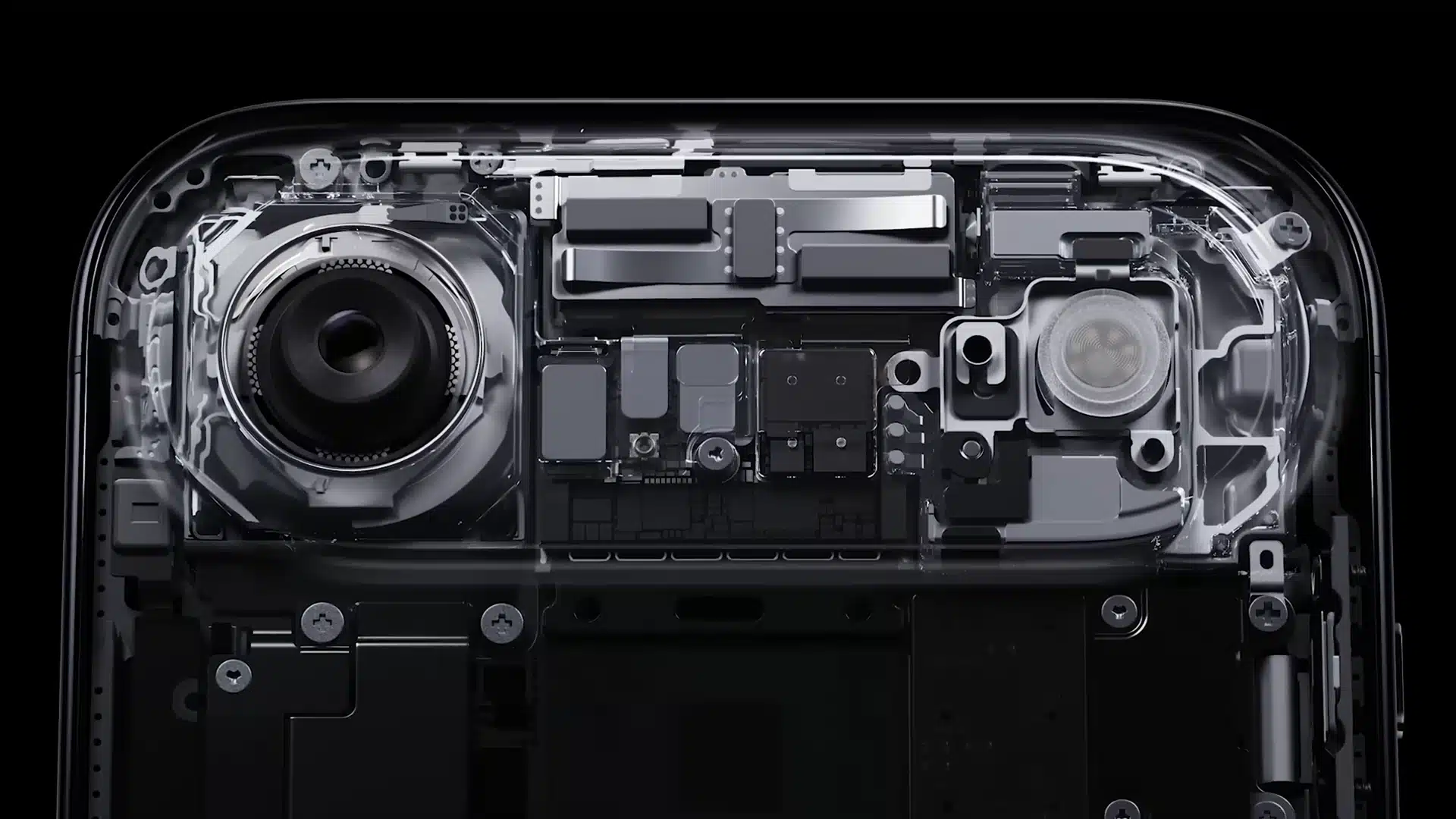 Close-up of a transparent iPhone Air showing internal components and camera module.