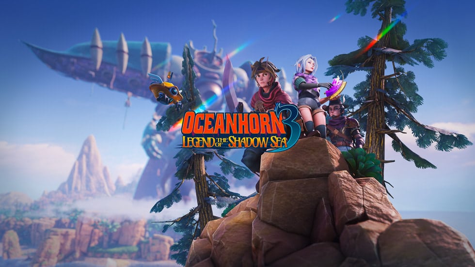 Oceanhorn 3 characters standing on a cliff overlooking a fantasy world.