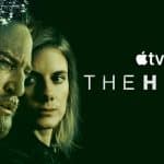 Promotional poster for Apple TV’s thriller “The Hunt” featuring two main characters against a dark green background.