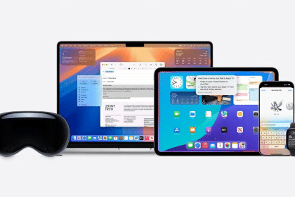 Apple devices lineup including Vision Pro headset, MacBook, iPad, iPhone, and Apple Watch.